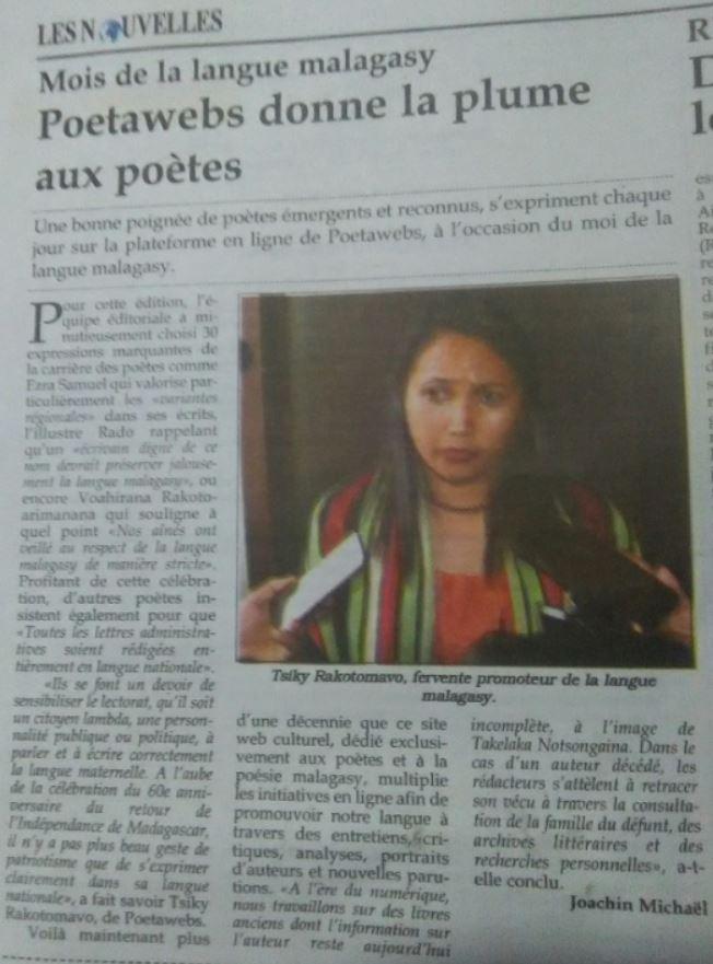 Gazety Les Nouvelles momba ny iray volan'ny teny malagasy niandraiketan'ny Pôetawebs